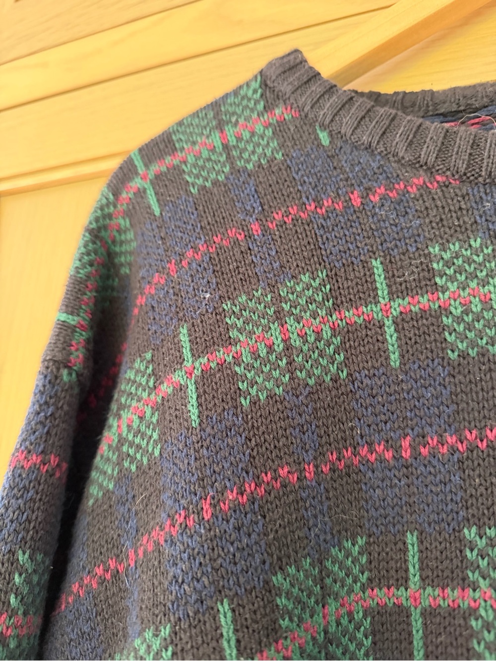 Vintage AKA Eddie Bauer Navy Crewneck Sweater Plaid Cotton / Large - Picture 2 of 11